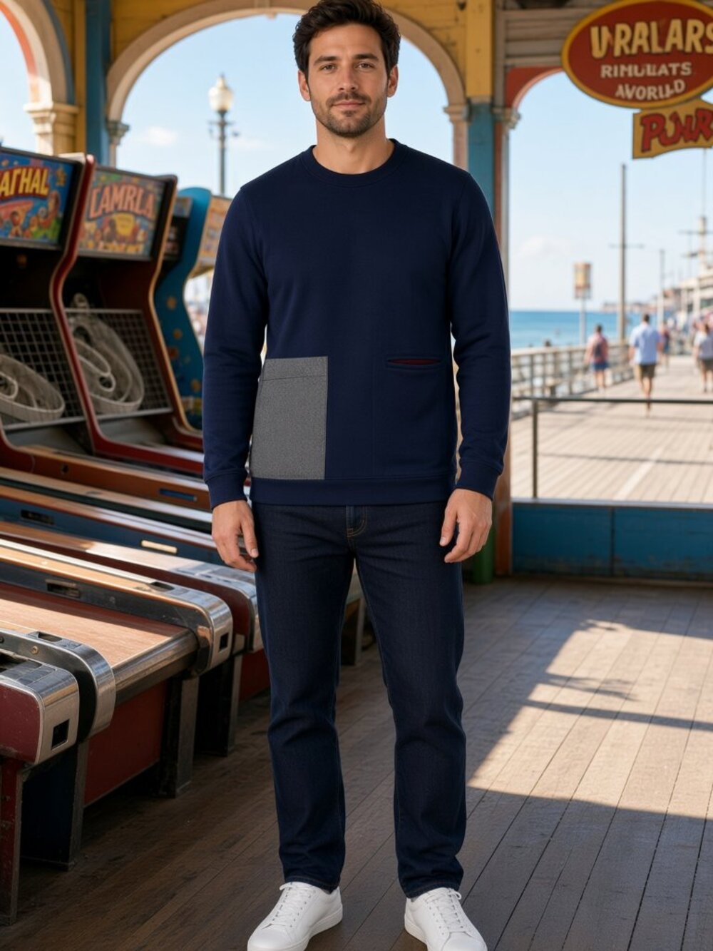 Corelate Men Navy Cotton Crew Sweatshirt Grey Zip Patch Burgundy Welt Italy US S